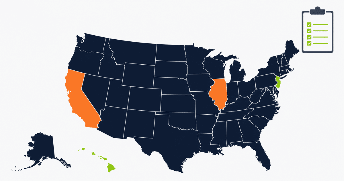 A map of the United States with four states highlighted — New Jersey, Hawaii, Illinois and California — showing which states changed their e-bike laws in 2026