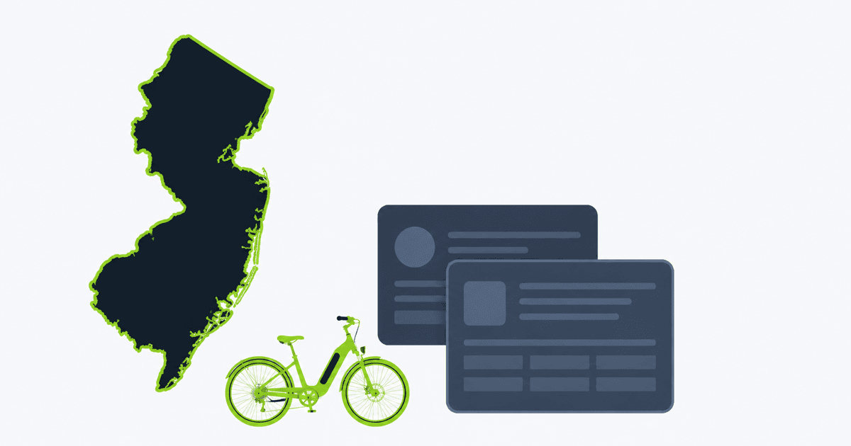The outline of New Jersey beside a vehicle registration card and driver licence, with a green e-bike, illustrating the state's new e-bike registration and licence requirements