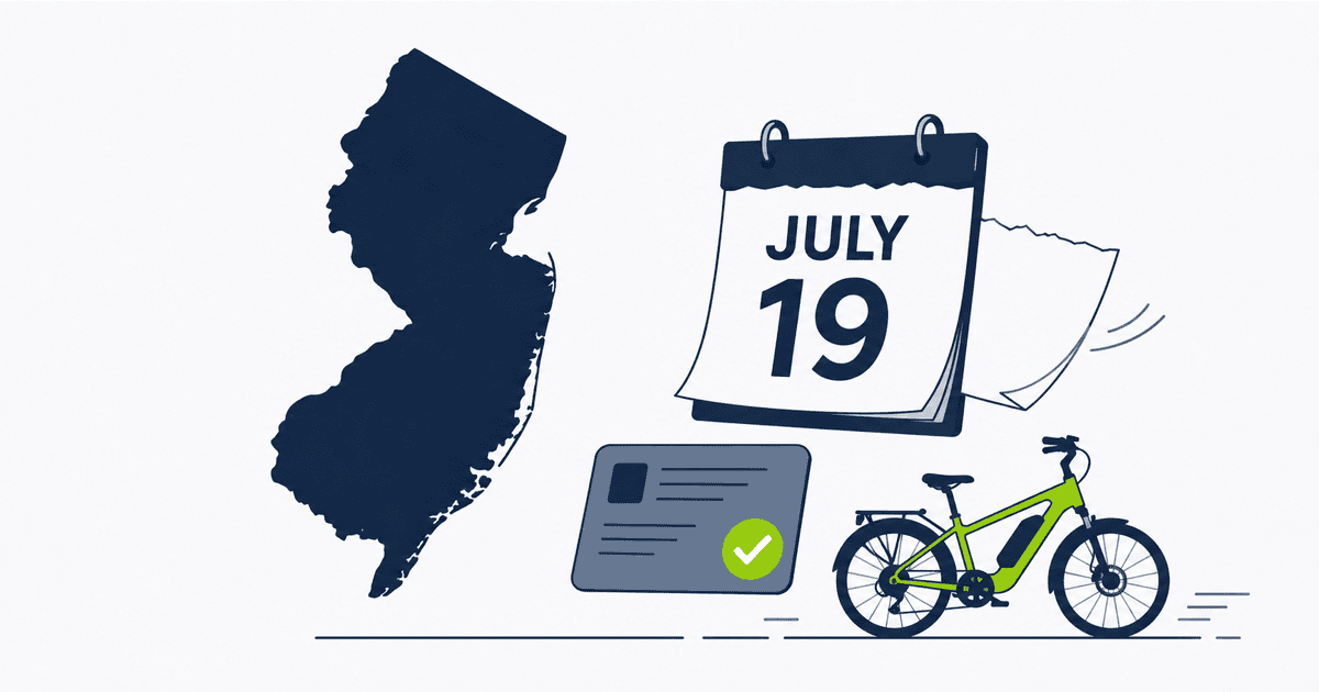 The outline of New Jersey beside a calendar page reading July 19 with a checkmarked registration card and a green e-bike, illustrating that the e-bike law grace period has ended and compliance is nearly free