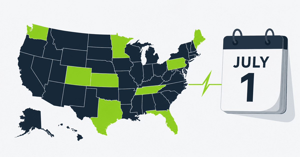 A map of the United States with about ten states highlighted in green, connected by a lightning bolt to a calendar page reading July 1, illustrating which states changed their e-bike laws